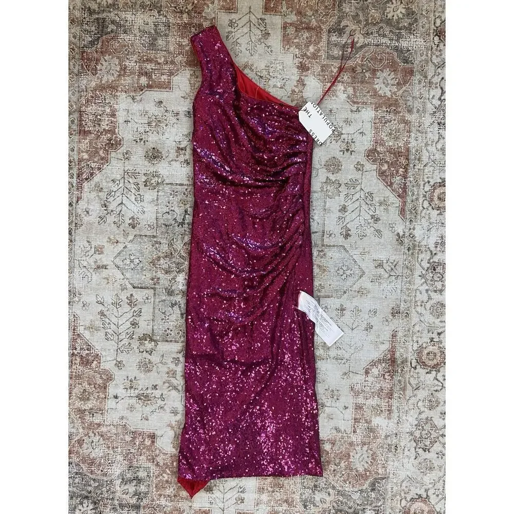 Dress The Population Martine Sequin One Shoulder Dress in Fuchsia Size S NWT - Picture 2 of 15